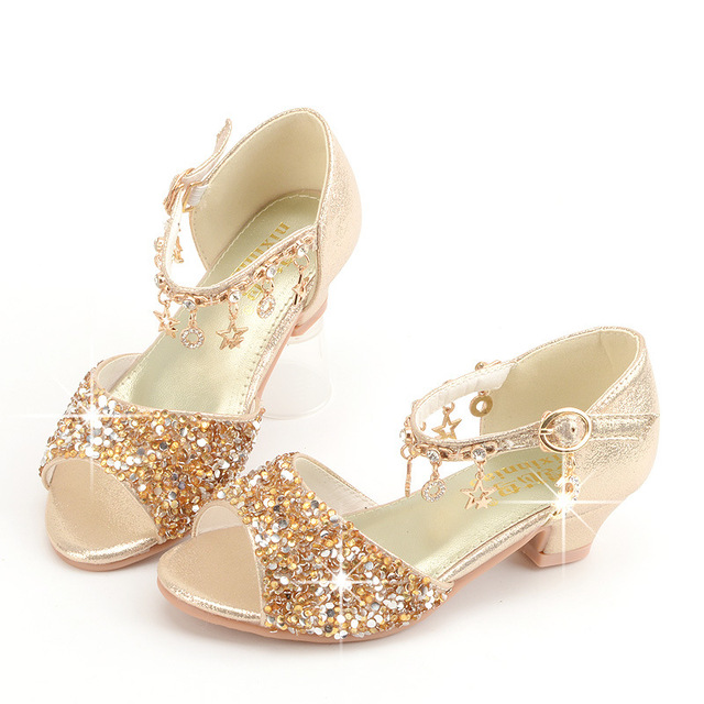 Girls Sandals Children Crystal Shoes 2022 Summer Kids Glitter Shoes High Heels Sequined Rhinestone Pendants Open Toes Princess Shoes Sandals
