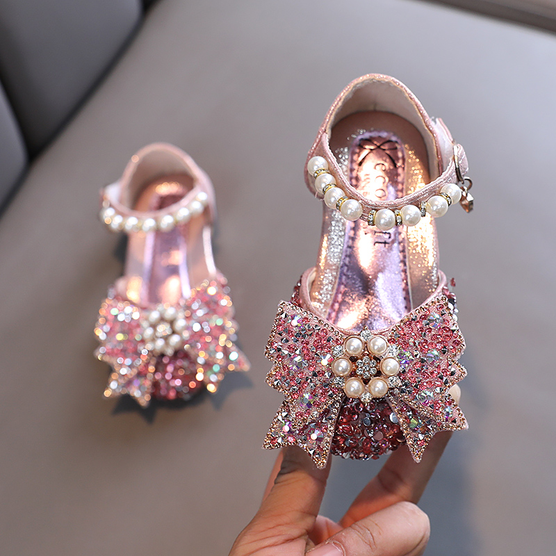 New Girls Princess Shoes  Sandals Baby Flat Sequin Pearl Bow Sandals Kids Shoes Children Fashion Bling Soft Kids Dance Party Shoes