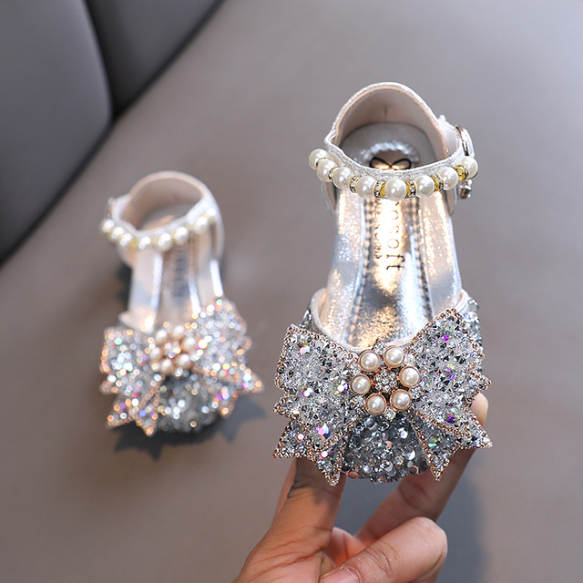 New Girls Princess Shoes  Sandals Baby Flat Sequin Pearl Bow Sandals Kids Shoes Children Fashion Bling Soft Kids Dance Party Shoes