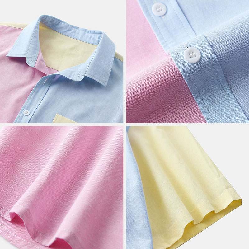 Casual Well Fitting Tops New Men Stitching Contrast Color Lapel Blouse Streetwear Male Short Sleeve Button Shirts