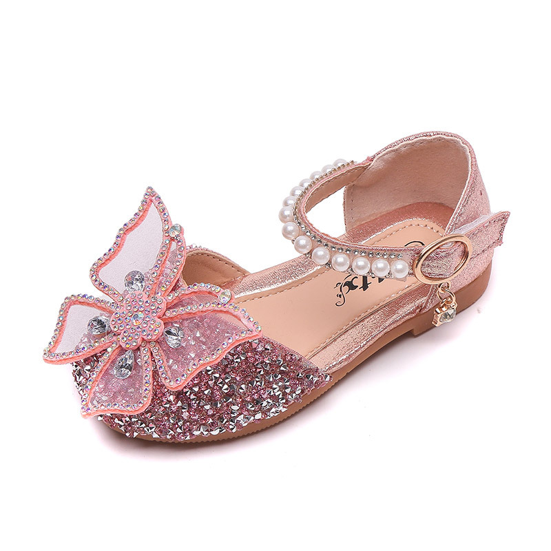 Girls Sequin Lace Bow Kids Shoes Girls Cute Pearl Princess Dance Single Casual Shoe 2022 New Children's Party Wedding Shoes Sandals