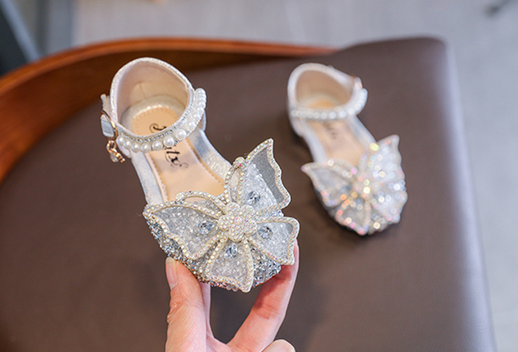 Girls Sequin Lace Bow Kids Shoes Girls Cute Pearl Princess Dance Single Casual Shoe 2022 New Children's Party Wedding Shoes Sandals