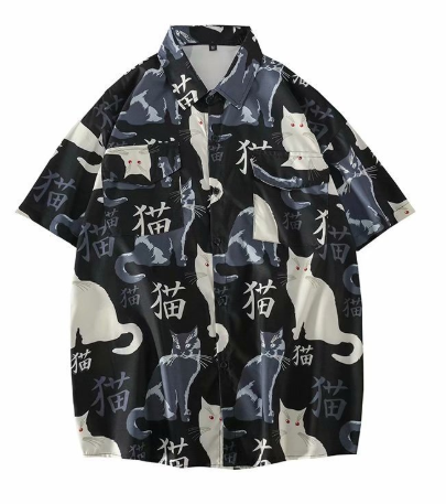 Summer high quality Mens Hawaiian Shirt 3D animal black cat Printed Short lapel Sleeve Big Size Hawaii Men Beach Floral Shirts