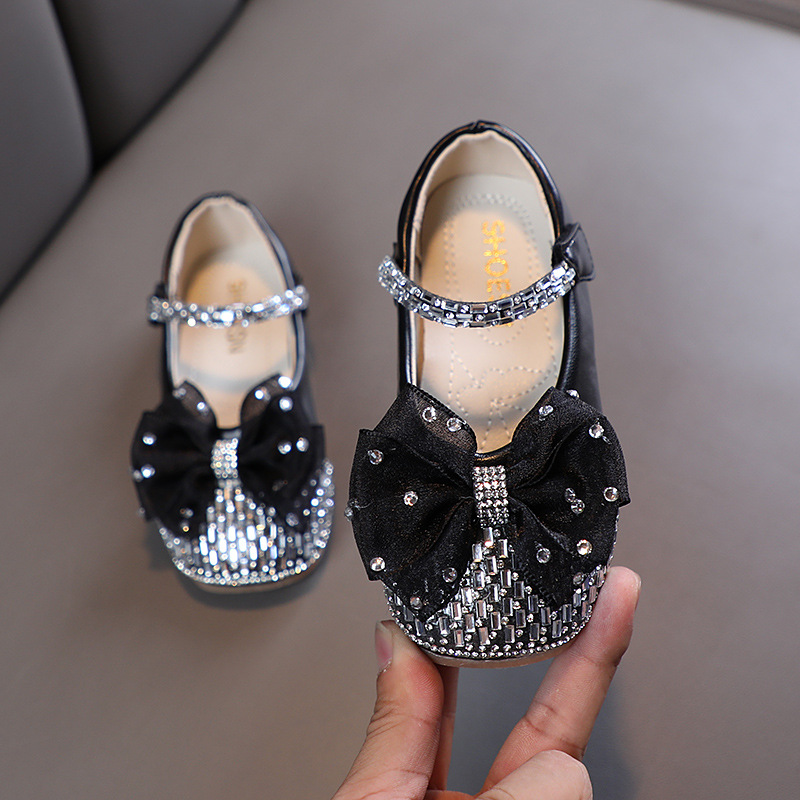 Spring Girls Lace Bow Leather Shoes Children's Sequins Princess Shoes Kids Fashion Rhinestone Dance Shoes Size 21-30 Toddler Girls' Shoes Oxfords