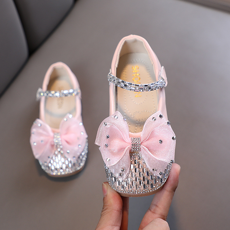 Spring Girls Lace Bow Leather Shoes Children's Sequins Princess Shoes Kids Fashion Rhinestone Dance Shoes Size 21-30 Toddler Girls' Shoes Oxfords