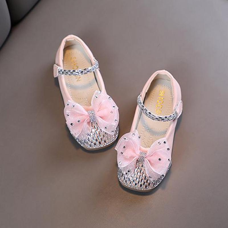 Spring Girls Lace Bow Leather Shoes Children's Sequins Princess Shoes Kids Fashion Rhinestone Dance Shoes Size 21-30 Toddler Girls' Shoes Oxfords