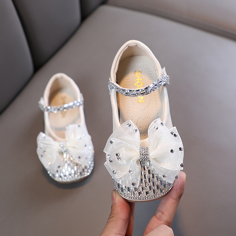 Spring Girls Lace Bow Leather Shoes Children's Sequins Princess Shoes Kids Fashion Rhinestone Dance Shoes Size 21-30 Toddler Girls' Shoes Oxfords