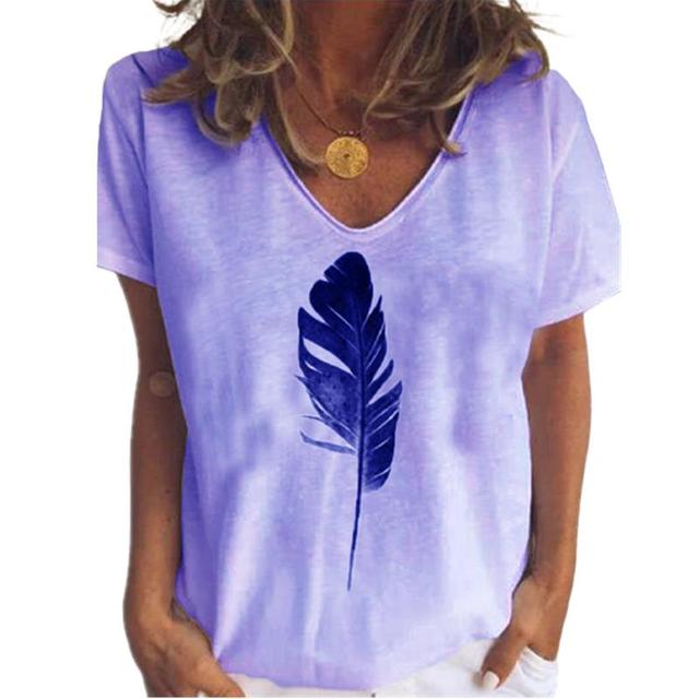 New Summer Top  Size Women Feather Print T Shirt Street Casual Loose Cotton T Shirts Ladies Short Sleeve V-Neck Tee Top