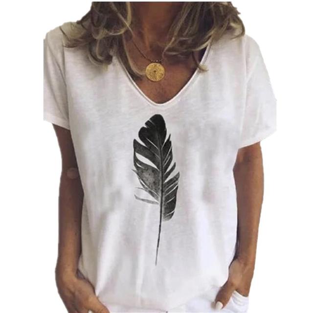 New Summer Top  Size Women Feather Print T Shirt Street Casual Loose Cotton T Shirts Ladies Short Sleeve V-Neck Tee Top