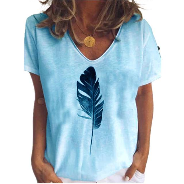 New Summer Top  Size Women Feather Print T Shirt Street Casual Loose Cotton T Shirts Ladies Short Sleeve V-Neck Tee Top