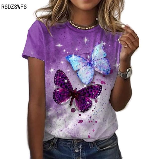 New Style  Size Women's Short-sleeved Printed Round Neck Blouse Butterfly Printed T-shirt Casual Loose Roupas Femininas