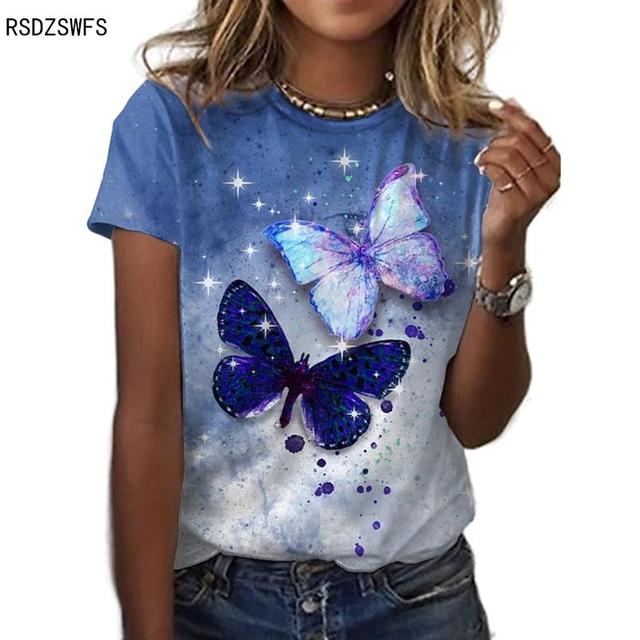 New Style  Size Women's Short-sleeved Printed Round Neck Blouse Butterfly Printed T-shirt Casual Loose Roupas Femininas
