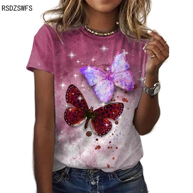 New Style  Size Women's Short-sleeved Printed Round Neck Blouse Butterfly Printed T-shirt Casual Loose Roupas Femininas