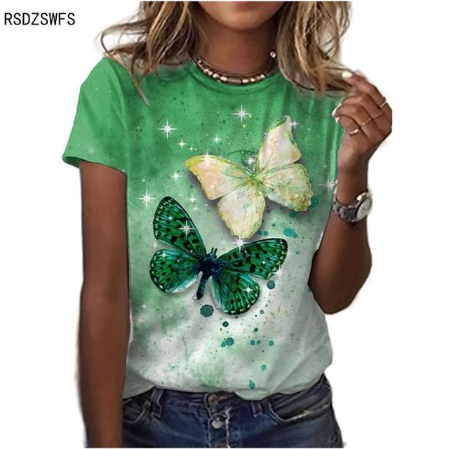 New Style  Size Women's Short-sleeved Printed Round Neck Blouse Butterfly Printed T-shirt Casual Loose Roupas Femininas