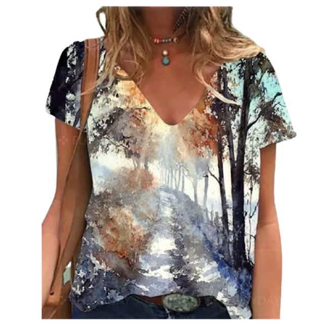 Women Floral Print Casual T Shirt Short Sleeve V-Neck Cotton T Shirts Summer Tops Fashion Streetwear Tee Top