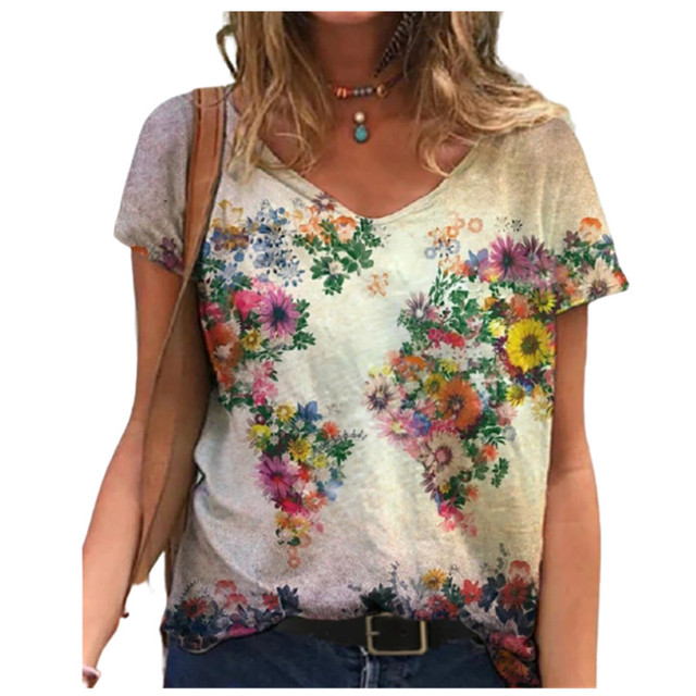 Women Floral Print Casual T Shirt Short Sleeve V-Neck Cotton T Shirts Summer Tops Fashion Streetwear Tee Top