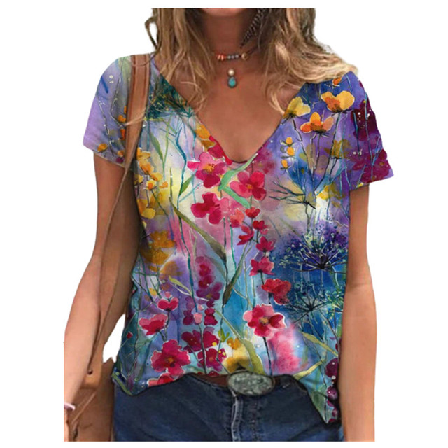 Women Floral Print Casual T Shirt Short Sleeve V-Neck Cotton T Shirts Summer Tops Fashion Streetwear Tee Top