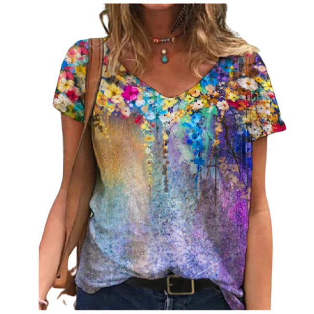Women Floral Print Casual T Shirt Short Sleeve V-Neck Cotton T Shirts Summer Tops Fashion Streetwear Tee Top