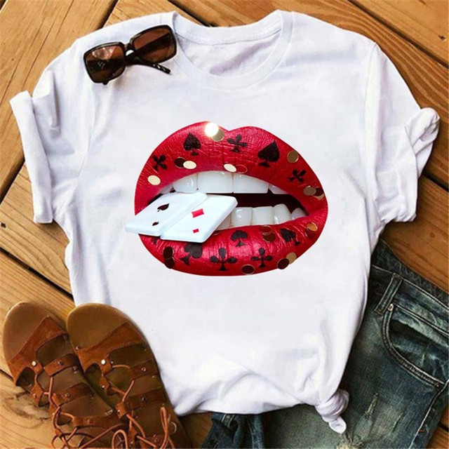Fashion Lips Print Women T Shirt Casual Short Sleeve O Neck Loose Women Tshirt Ladies Tee Shirt Tops Clothes Camisetas Mujer