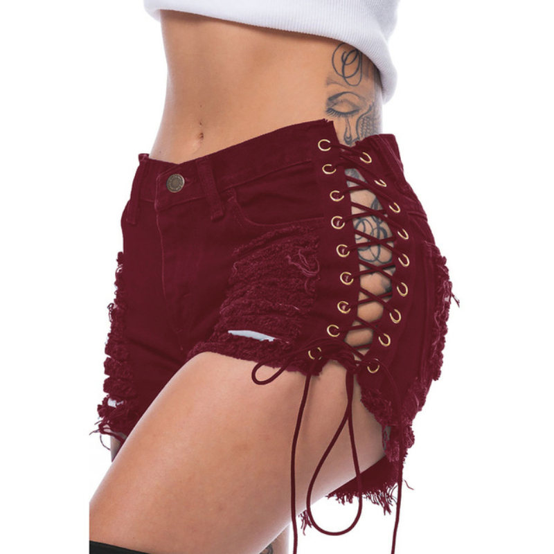 1pc New Summer Nightclub Women Denim Shorts Sexy Lace Up Ripped Hole Tassel Cut Off Booty Jeans  Mini Hot Pant