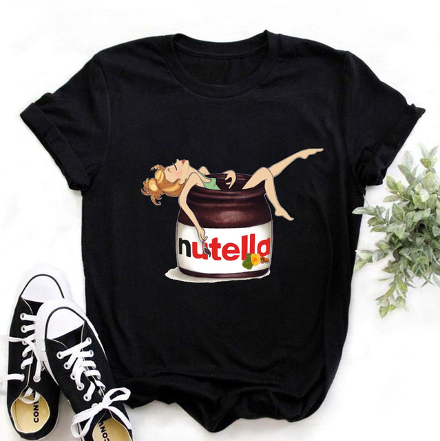 Graphic Cute Cartoon Tshirt Nutella Print Black T Shirt Women 90s Harajuku Kawaii Fashion T-shirt Korean Style Top Tees Female