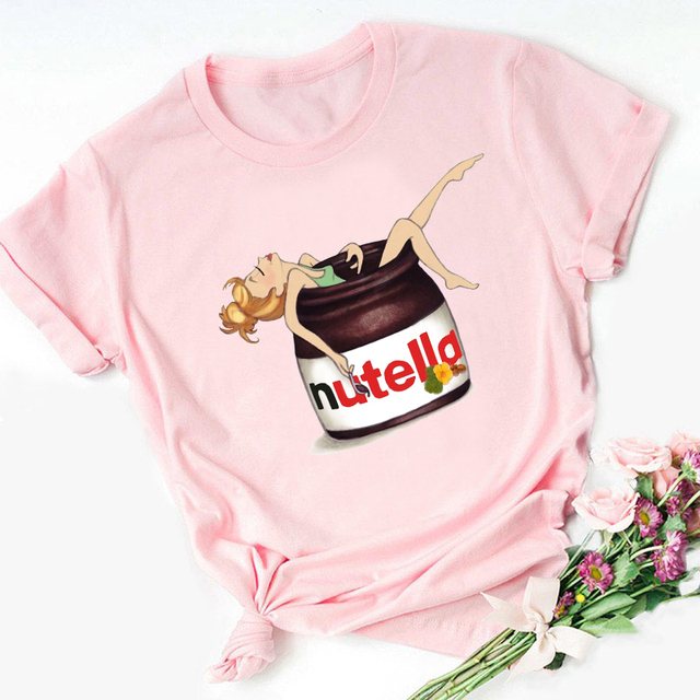 Graphic Cute Cartoon Tshirt Nutella Print Black T Shirt Women 90s Harajuku Kawaii Fashion T-shirt Korean Style Top Tees Female