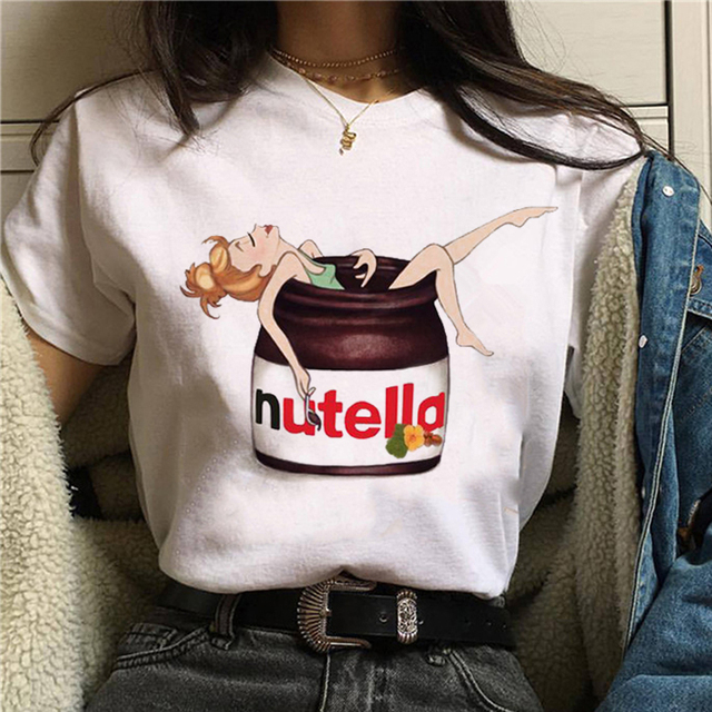 Graphic Cute Cartoon Tshirt Nutella Print Black T Shirt Women 90s Harajuku Kawaii Fashion T-shirt Korean Style Top Tees Female