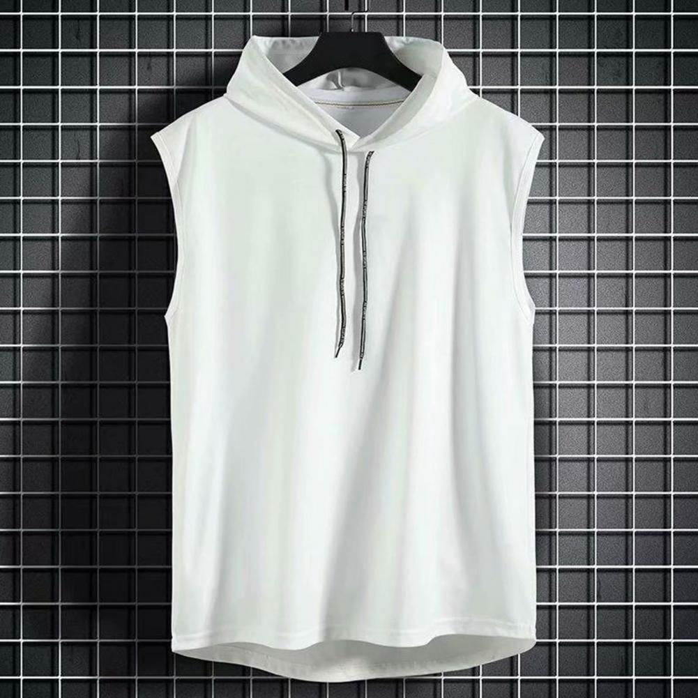 Men Muscle Hoodie Vest Sleeveless Pure Color All Match Loose Sweat Absorption Summer T-shirt for Gym Workout Fitness