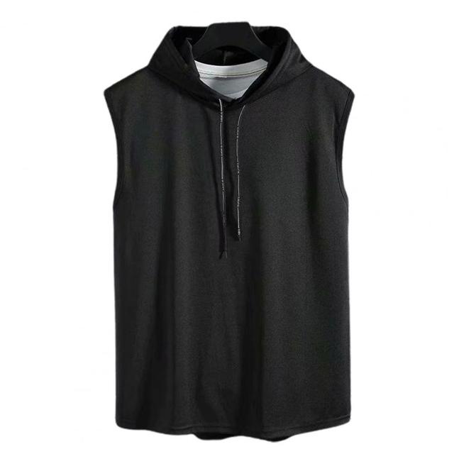 Men Muscle Hoodie Vest Sleeveless Pure Color All Match Loose Sweat Absorption Summer T-shirt for Gym Workout Fitness