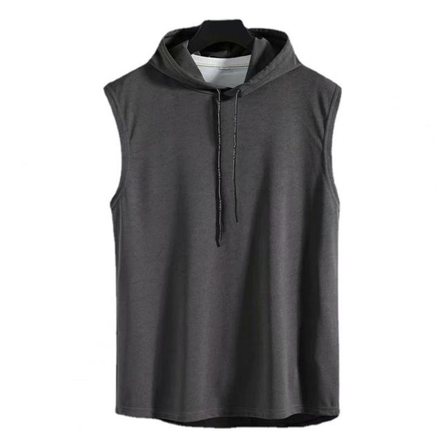 Men Muscle Hoodie Vest Sleeveless Pure Color All Match Loose Sweat Absorption Summer T-shirt for Gym Workout Fitness