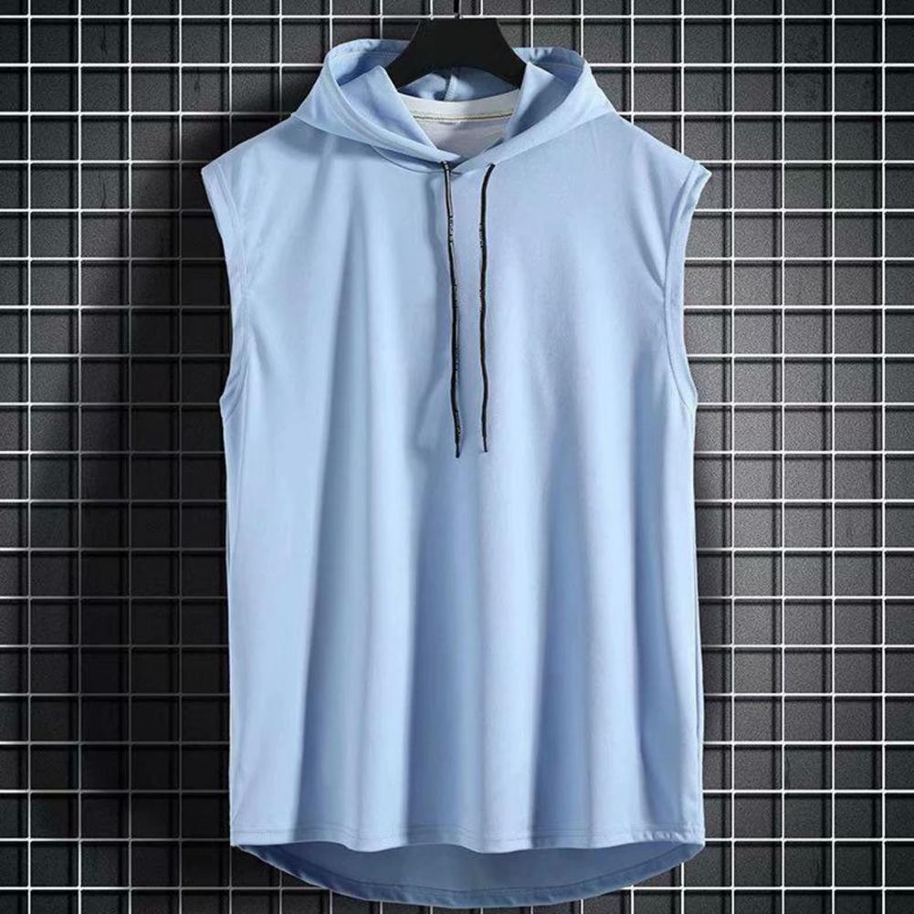 Men Muscle Hoodie Vest Sleeveless Pure Color All Match Loose Sweat Absorption Summer T-shirt for Gym Workout Fitness