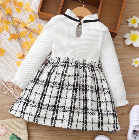 PatPat Toddler Girl Dress Girls Party Dresses Ruffle Collar Faux-two Strap Plaid Tweed Long-sleeve Dress Kids Clothes Girls