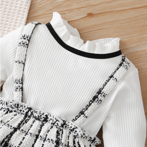 PatPat Toddler Girl Dress Girls Party Dresses Ruffle Collar Faux-two Strap Plaid Tweed Long-sleeve Dress Kids Clothes Girls