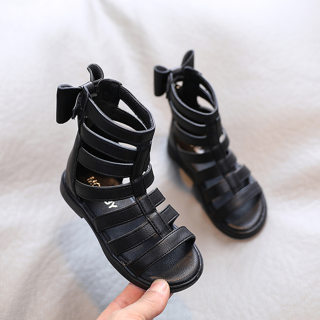 Girls Sandals 2022 Summer Kids Gladiator Sandals Boots Back Bow Roma Shoes Narrow Band Princess Shoes For Child Baby Black Begie