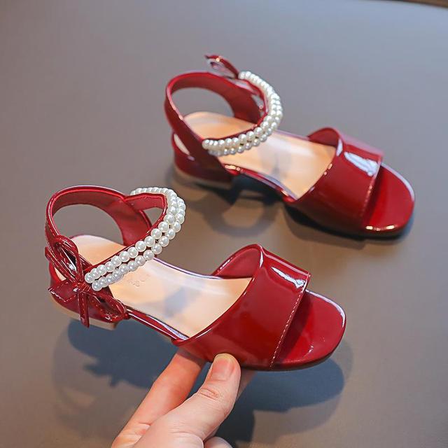 Girls Sandals 2022 New Summer Red Leather Shoes Fashion Wild Pearl Bow Children's Princess Shoes Non-slip Kids Sandals G613