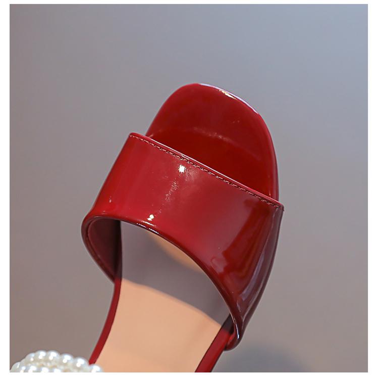 Girls Sandals 2022 New Summer Red Leather Shoes Fashion Wild Pearl Bow Children's Princess Shoes Non-slip Kids Sandals G613