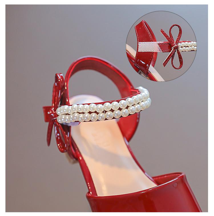 Girls Sandals 2022 New Summer Red Leather Shoes Fashion Wild Pearl Bow Children's Princess Shoes Non-slip Kids Sandals G613