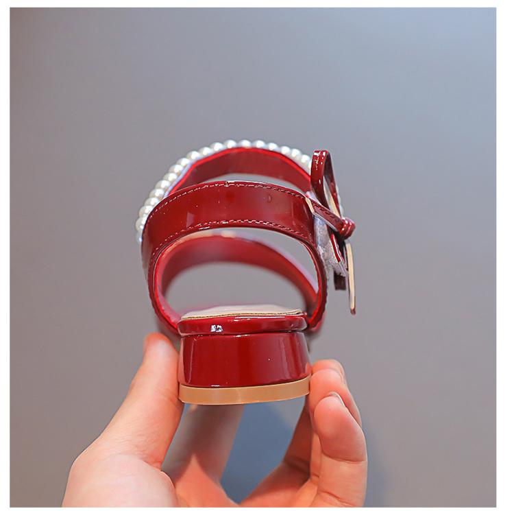 Girls Sandals 2022 New Summer Red Leather Shoes Fashion Wild Pearl Bow Children's Princess Shoes Non-slip Kids Sandals G613