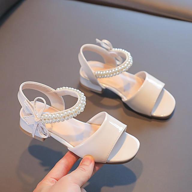 Girls Sandals 2022 New Summer Red Leather Shoes Fashion Wild Pearl Bow Children's Princess Shoes Non-slip Kids Sandals G613