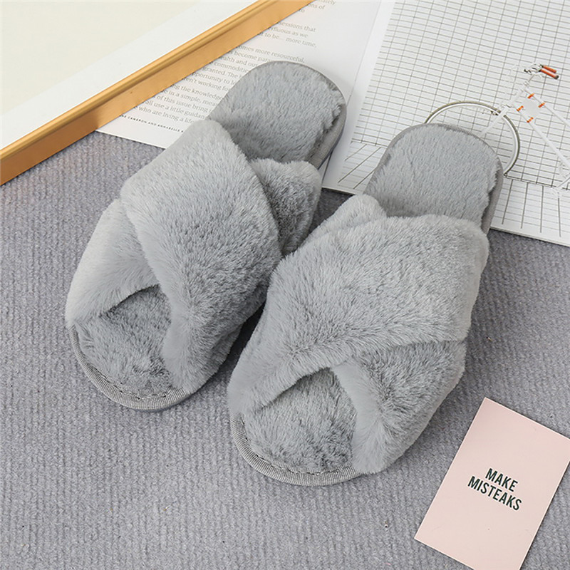 NEW Women Winter House Furry Slippers Women Cross Fluffy Fur Home Slides Flat Indoor