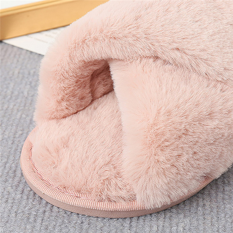 NEW Women Winter House Furry Slippers Women Cross Fluffy Fur Home Slides Flat Indoor