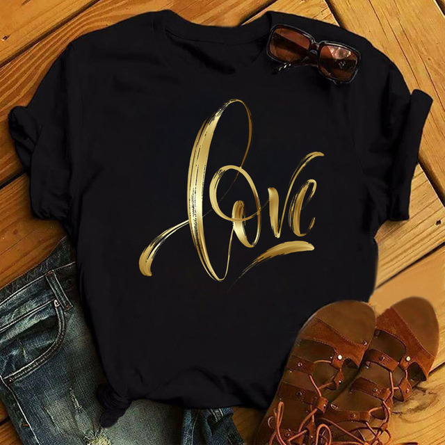 Women's Tops Gold LOVE Women's T-shirts Casual Women's Fashion Tops Short Sleeve Black T-shirts Women's T-shirts