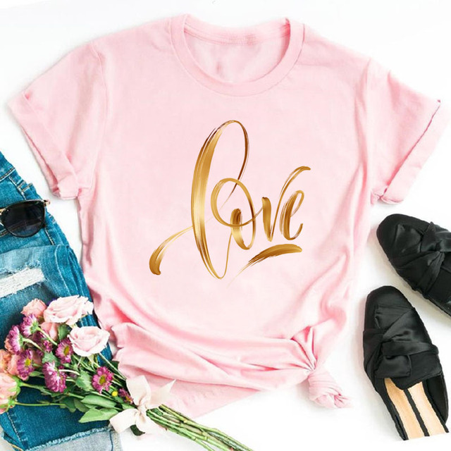Women's Tops Gold LOVE Women's T-shirts Casual Women's Fashion Tops Short Sleeve Black T-shirts Women's T-shirts