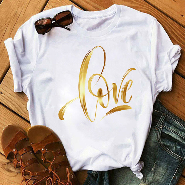 Women's Tops Gold LOVE Women's T-shirts Casual Women's Fashion Tops Short Sleeve Black T-shirts Women's T-shirts