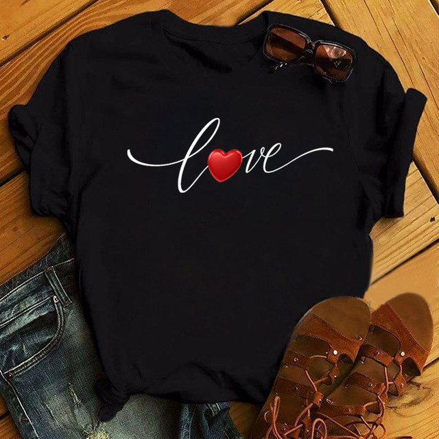 Women's Tops Gold LOVE Women's T-shirts Casual Women's Fashion Tops Short Sleeve Black T-shirts Women's T-shirts