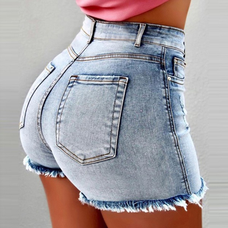 1PC Women's Denim Shorts New Summer Lady Clothing High Waist Jeans Shorts Fringe Frayed Ripped Casual Hot Shorts With Pockets