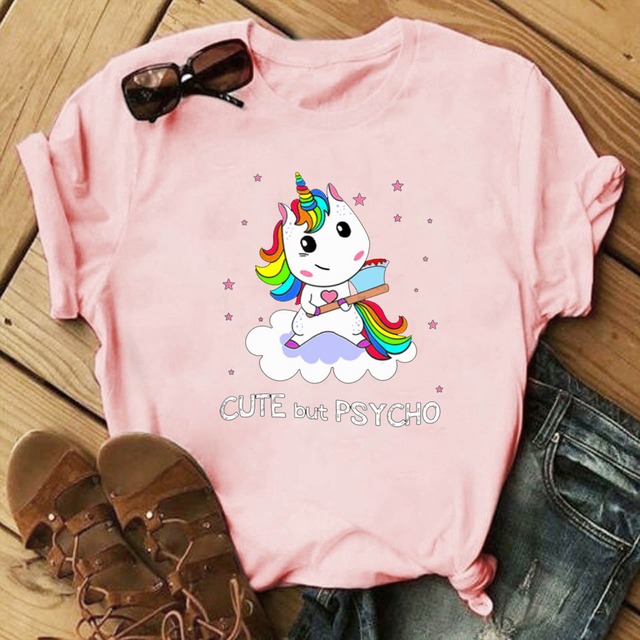 Cute But Paycho Print Women T Shirt Black White Tshirts Lady Unicorn Short Sleeve Female Summer Tops Womens T-shirt Funny Tshirt