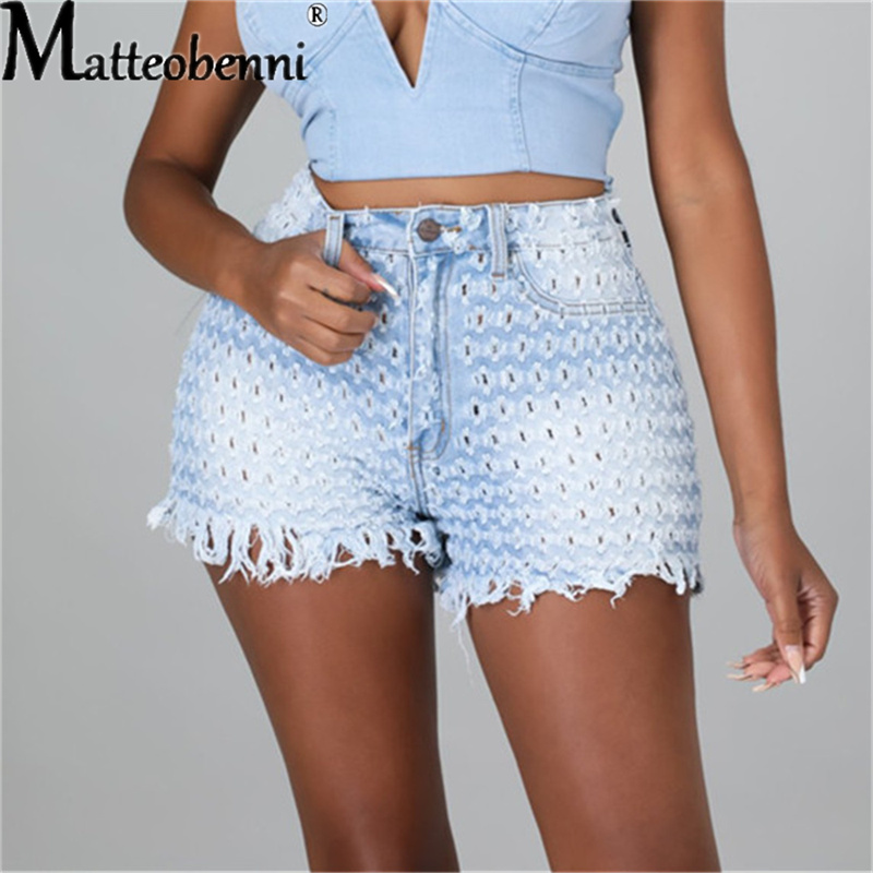 1pcWomen Fashion Ripped Tassel High Waist Denim Shorts Vintage Hole Summer Casual Pocket Short Jeans Ladies Hotpants Shorts