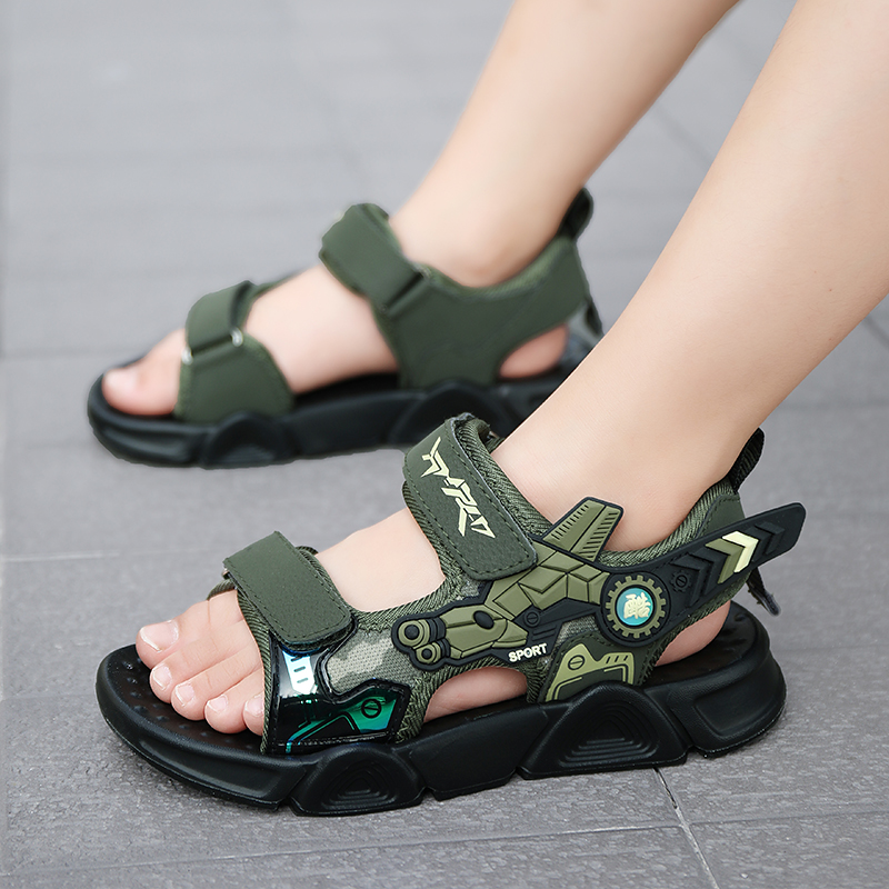 Summer New Kids Boys Sandals Fashion Leather Open Toe Beach Shoes Children Outdoor Sport Anti Slip Army Green Sandals for Boy