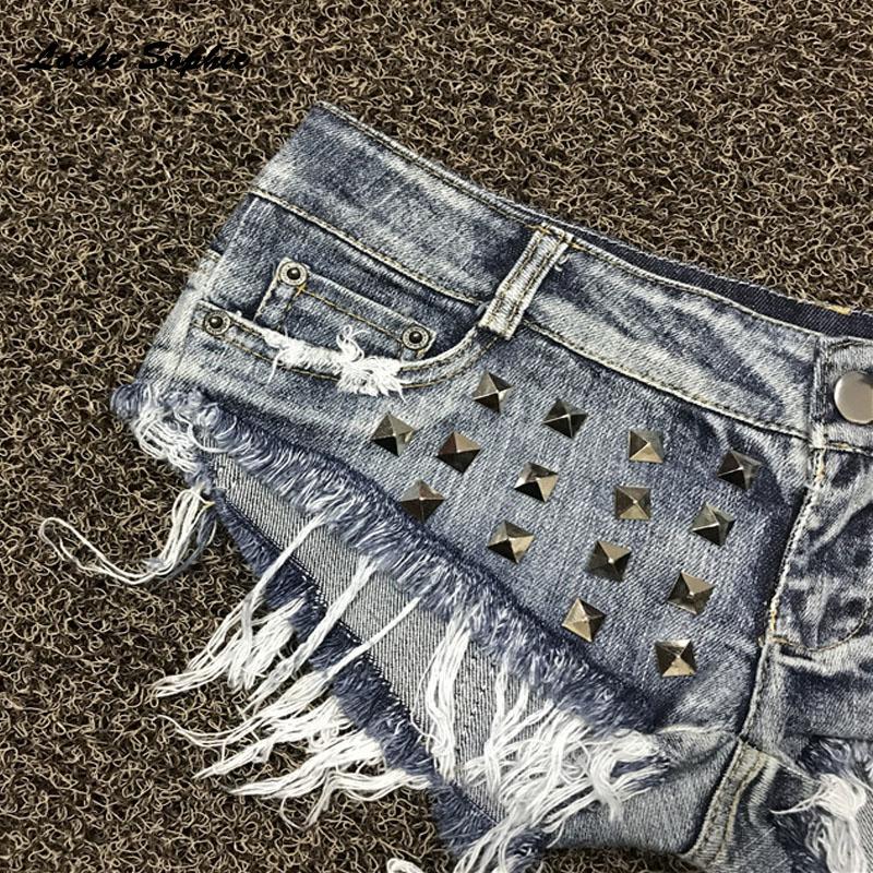 1pc Low waist Women Sexy super denim shorts Summer denim cotton rivets Splicing shorts Ladies Skinny club super short jeans